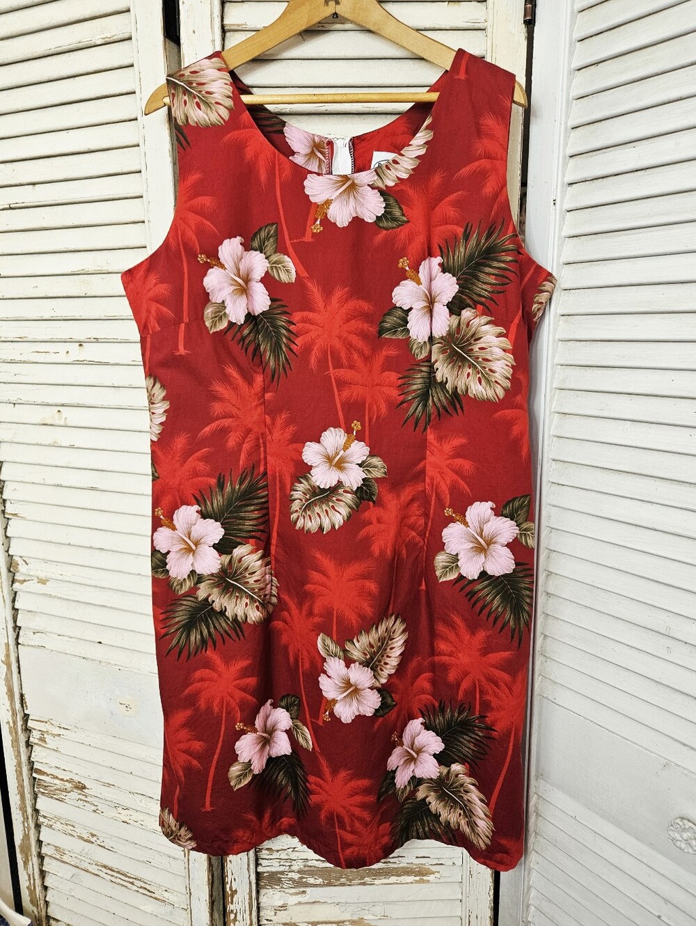 Vintage 90s Pacific Legend Cotton Tailored Shift Dress Red Hawaiian Large/XL